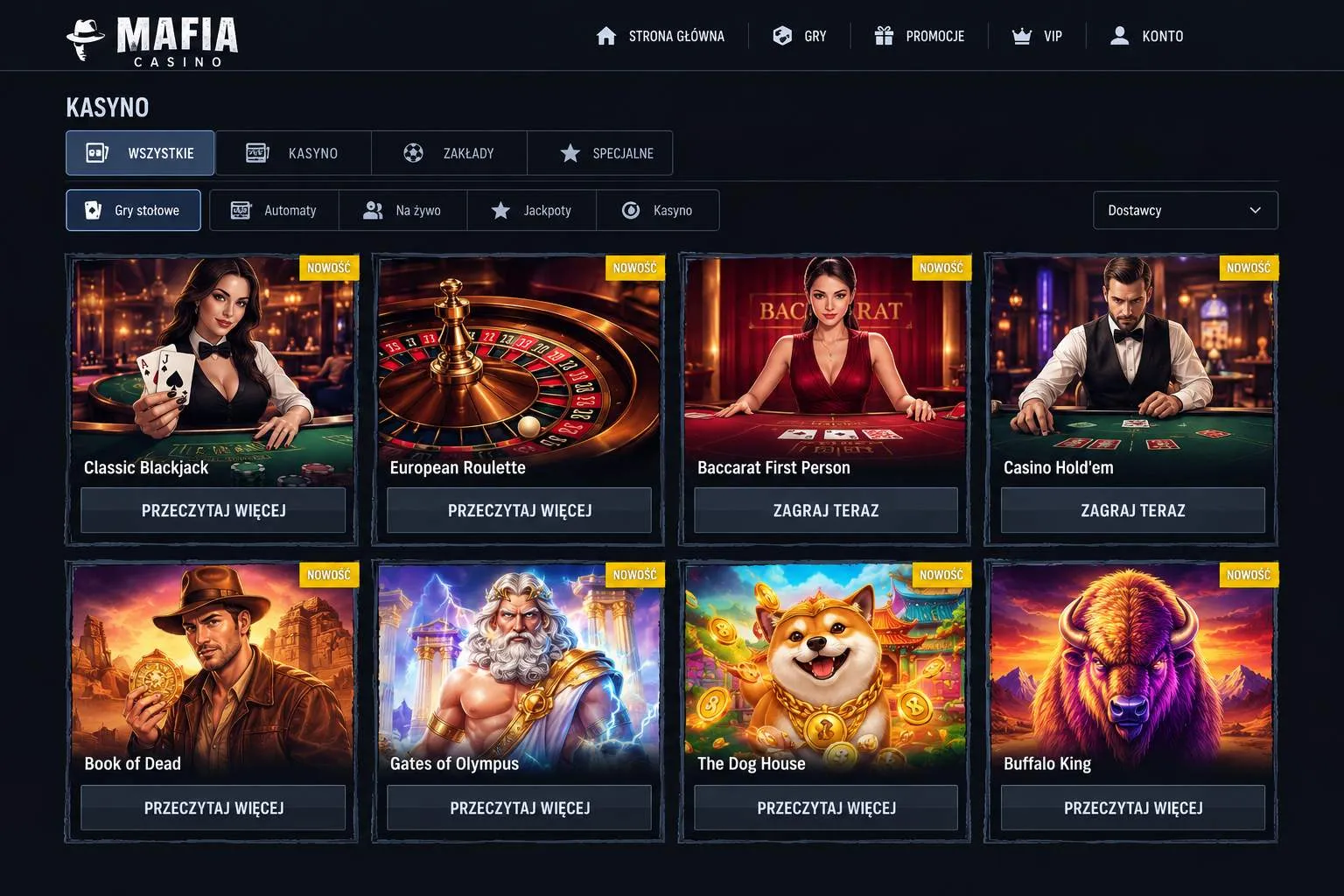 Stoły RNG obok transmisji z krupierem w Mafia Casino