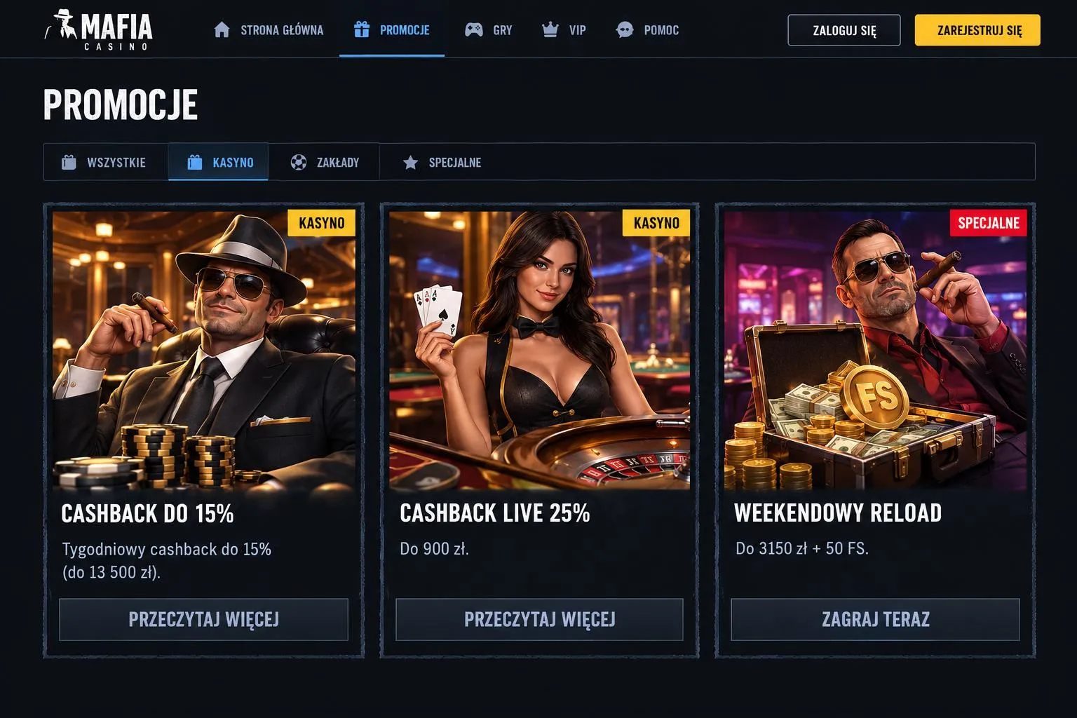 Zwroty co tydzień i reload na weekend w Mafia Casino